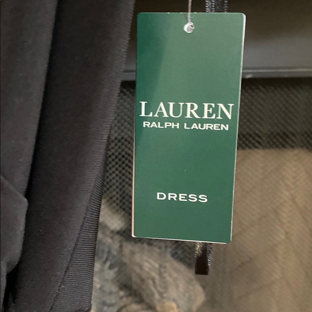 NWT Lauren Ralph Lauren Classic Black Dress with mesh draped neckline. Size 14 - Picture 6 of 13